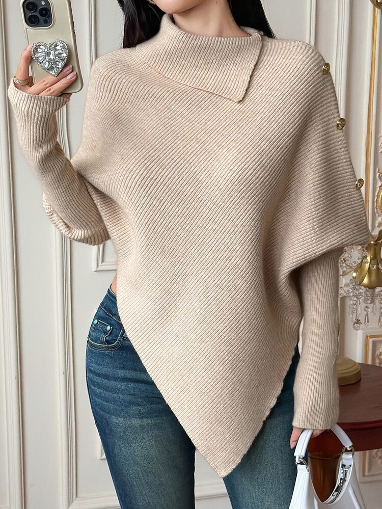 DAZY Autumn/Winter Asymmetrical Hem Cape Batwing Sleeve Metal Button Decor Commute Elegant Women Blouse - Apricot - View 4