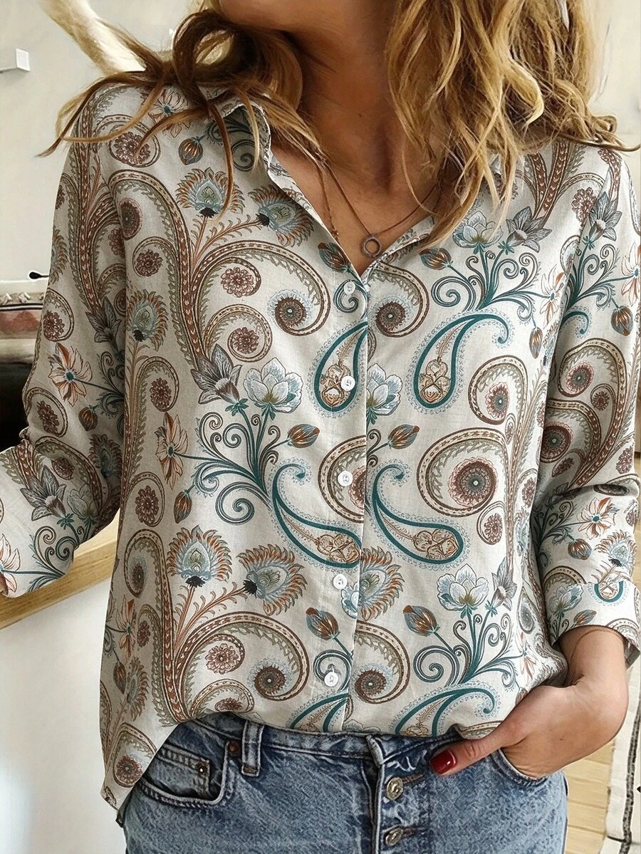 EMERY ROSE Casual Long Sleeve Paisley Print Shirt | Women's Clothing For Spring & Fall - Multicolor - View 1
