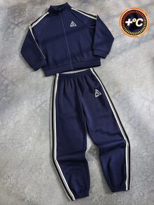SHEIN 兒童青少年男孩休閒運動風小馬圖案寬鬆版型戶外全開襟立領皇家藍運動外套與慢跑長褲兩件套，適合秋冬休閒運動風格 - 寶藍色 - 查看 4
