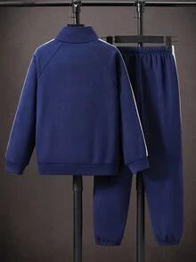 SHEIN 兒童青少年男孩休閒運動風小馬圖案寬鬆版型戶外全開襟立領皇家藍運動外套與慢跑長褲兩件套，適合秋冬休閒運動風格 - 寶藍色 - 查看 6