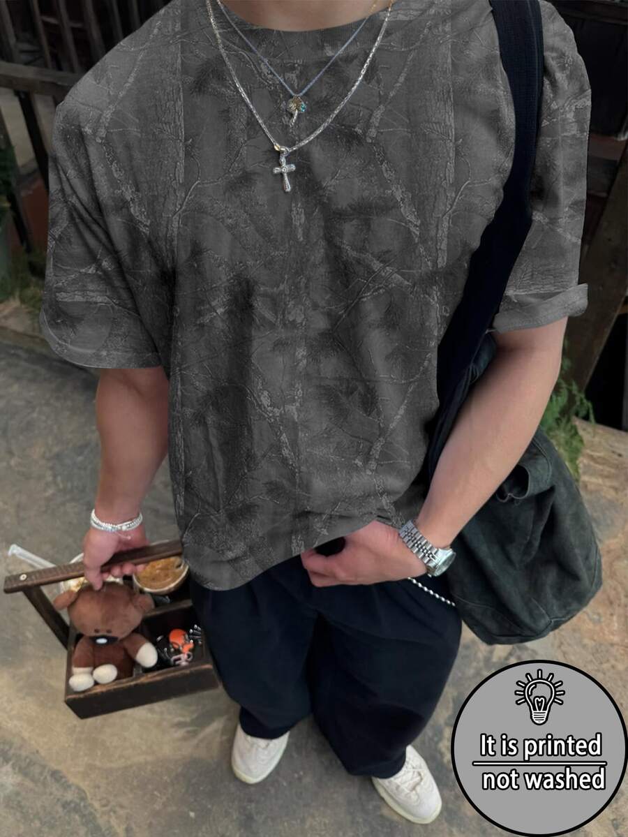 Manfinity Dauomo Men's Casual Streetwear Branch Print Short Sleeve T-Shirt, Summer Vacation Beach Light Grey - Multicolor - View 1