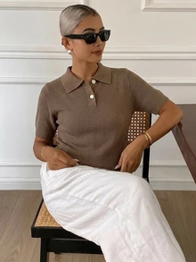Strévra Women's Summer Lapel Short Sleeve Knit Top Everyday Coffee Brown Minimalist Casual Office - Coffee Brown - View 8