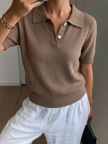 Strévra Women's Summer Lapel Short Sleeve Knit Top Everyday Coffee Brown Minimalist Casual Office - Coffee Brown - View 5