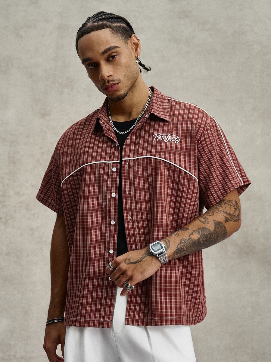 PAVTROS Manfinity Streetrush Men's Brown Plaid Jacquard Patchwork Rope Short Sleeve Shirt,Summer Casual Streetwear City Break Retro Loose Fashion - Red - View 1