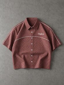 PAVTROS Manfinity Streetrush Men's Brown Plaid Jacquard Patchwork Rope Short Sleeve Shirt,Summer Casual Streetwear City Break Retro Loose Fashion - Red - View 3