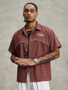 PAVTROS Manfinity Streetrush Men's Brown Plaid Jacquard Patchwork Rope Short Sleeve Shirt,Summer Casual Streetwear City Break Retro Loose Fashion - Red - View 7