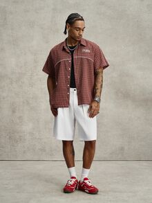 PAVTROS Manfinity Streetrush Men's Brown Plaid Jacquard Patchwork Rope Short Sleeve Shirt,Summer Casual Streetwear City Break Retro Loose Fashion - Red - View 4