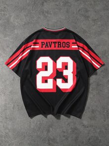 PAVTROS 男士休閒時尚運動街頭風拼色數字字母印花寬鬆版型T恤，夏季度假款 - 黑色 - 查看 3