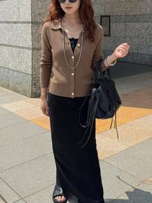DAZY 女款秋季翻領短袖針織上衣 咖啡棕休閒辦公早午餐長袖上衣 - 咖啡棕 - 查看 5