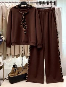 GlowEve CURVE Autumn/Winter Leopard Print Bow Detail Sweatshirt & Side Stripe Sporty Casual Loungewear Set Fall - Brown - View 1