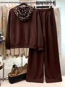 GlowEve CURVE Autumn/Winter Leopard Print Bow Detail Sweatshirt & Side Stripe Sporty Casual Loungewear Set Fall - Brown - View 2
