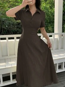 Modelyn Khaki Women's Solid Color Knit Mid-Length Dress Coffee Brown Polo Collar Textured Midi Dress Textured Crinkle Fabric Two-Way Stretch Spandex Dress - Khaki - View 4
