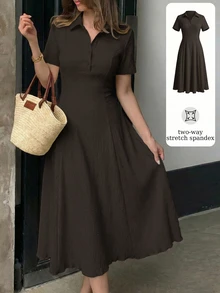 Modelyn Khaki Women's Solid Color Knit Mid-Length Dress Coffee Brown Polo Collar Textured Midi Dress Textured Crinkle Fabric Two-Way Stretch Spandex Dress - Khaki - View 3