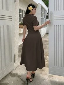 Modelyn Khaki Women's Solid Color Knit Mid-Length Dress Coffee Brown Polo Collar Textured Midi Dress Textured Crinkle Fabric Two-Way Stretch Spandex Dress - Khaki - View 2