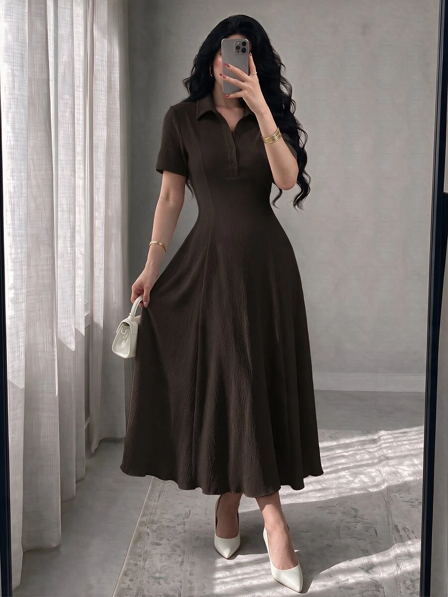 Modelyn Khaki Women's Solid Color Knit Mid-Length Dress Coffee Brown Polo Collar Textured Midi Dress Textured Crinkle Fabric Two-Way Stretch Spandex Dress - Khaki - View 1