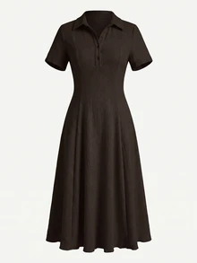 Modelyn Khaki Women's Solid Color Knit Mid-Length Dress Coffee Brown Polo Collar Textured Midi Dress Textured Crinkle Fabric Two-Way Stretch Spandex Dress - Khaki - View 8