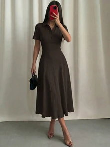 Modelyn Khaki Women's Solid Color Knit Mid-Length Dress Coffee Brown Polo Collar Textured Midi Dress Textured Crinkle Fabric Two-Way Stretch Spandex Dress - Khaki - View 7