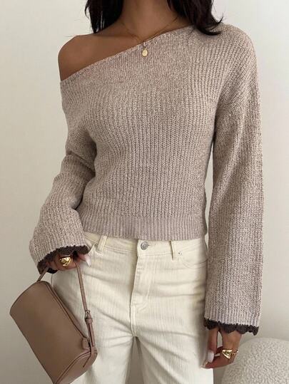 Aloruh Autumn/Winter New Oatmeal Color Asymmetrical Shoulder Contrast Color Flare Sleeve Women's Sweater