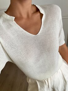 Strévra Summer Autumn V-Neck Short Sleeve Thin Fitted Solid White Knit Women's Top Vacation Modest Minimalist - White - View 3