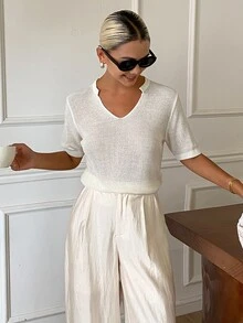 Strévra Summer Autumn V-Neck Short Sleeve Thin Fitted Solid White Knit Women's Top Vacation Modest Minimalist - White - View 6