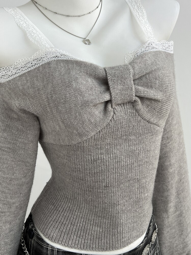 Elamini Women's Lace Patchwork Pleated Fitted Versatile Daily Casual Cute Romantic Lantern Sleeve Light Gray Autumn And Winter Sweater - Grey - View 5