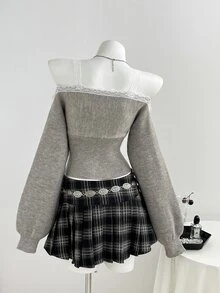 Elamini 女款蕾絲拼接百褶修身多功能日常休閒可愛浪漫燈籠袖灰色秋季毛衣外穿上衣 - 灰色 - 查看 3