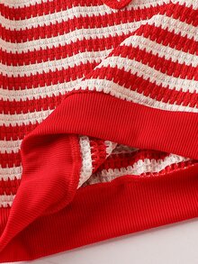 SHEIN Young Girl Knit Red Striped Strawberry Pattern Crew Neck Loose Casual Sweatshirt - Multicolor - View 8
