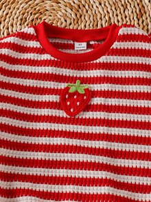 SHEIN Young Girl Knit Red Striped Strawberry Pattern Crew Neck Loose Casual Sweatshirt - Multicolor - View 6