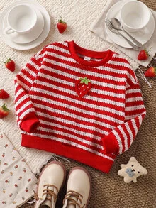 SHEIN Young Girl Knit Red Striped Strawberry Pattern Crew Neck Loose Casual Sweatshirt - Multicolor - View 2