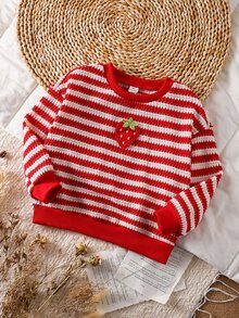 SHEIN Young Girl Knit Red Striped Strawberry Pattern Crew Neck Loose Casual Sweatshirt - Multicolor - View 3