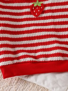 SHEIN Young Girl Knit Red Striped Strawberry Pattern Crew Neck Loose Casual Sweatshirt - Multicolor - View 5