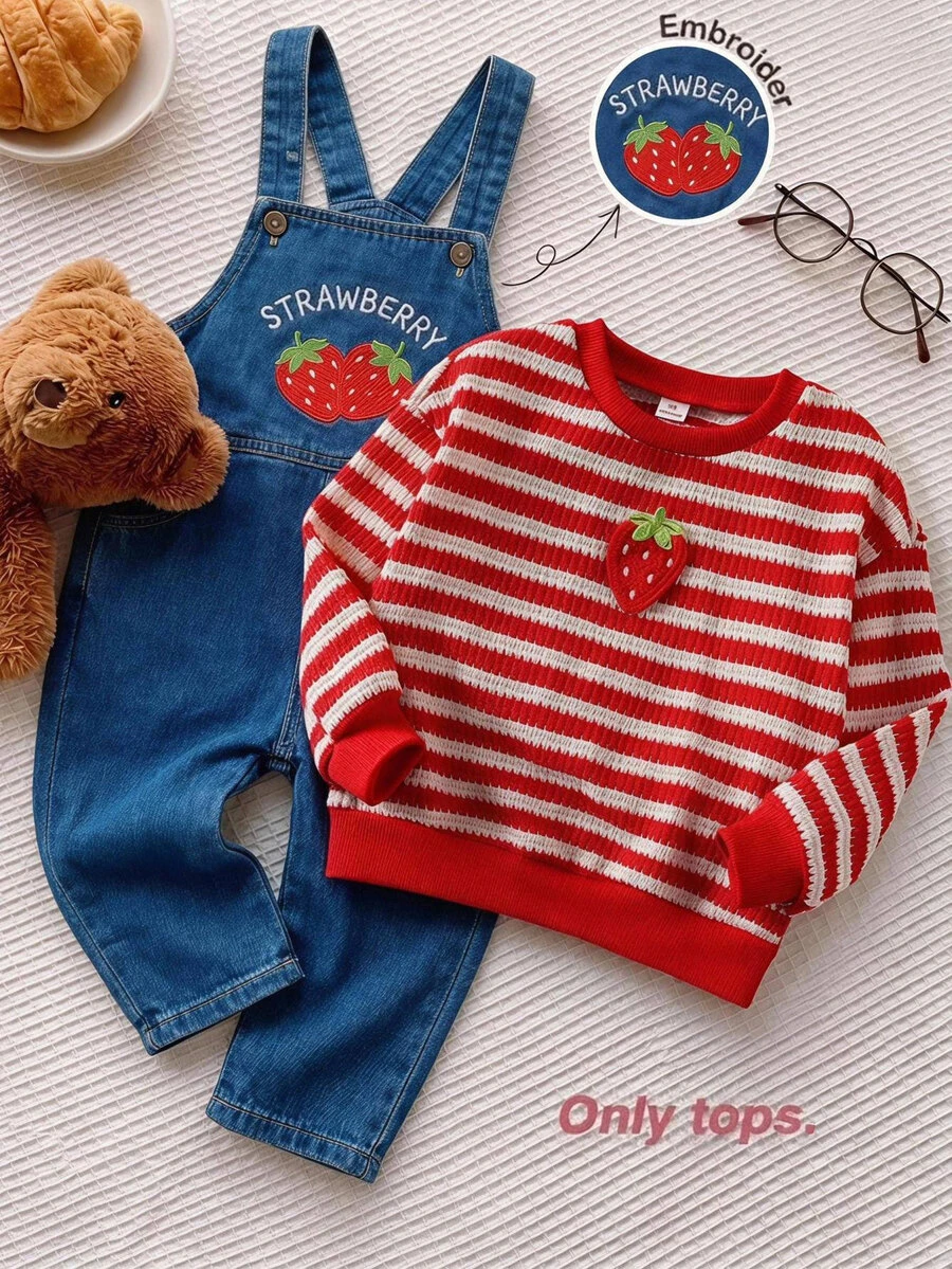 SHEIN Young Girl Knit Red Striped Strawberry Pattern Crew Neck Loose Casual Sweatshirt - Multicolor - View 1