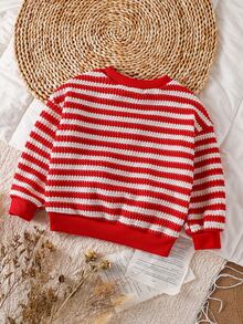 SHEIN Young Girl Knit Red Striped Strawberry Pattern Crew Neck Loose Casual Sweatshirt - Multicolor - View 4