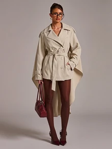 SHEIN BAE Women's Solid Color Waist Tie Casual Versatile Daily Wear Trench Coat Jacket - Khaki - View 3