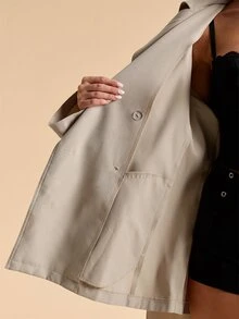 SHEIN BAE Women's Solid Color Waist Tie Casual Versatile Daily Wear Trench Coat Jacket - Khaki - View 6