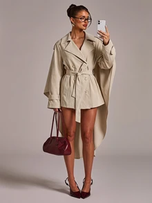 SHEIN BAE Women's Solid Color Waist Tie Casual Versatile Daily Wear Trench Coat Jacket - Khaki - View 4