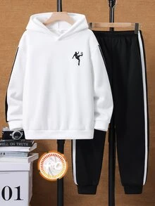 SHEIN 兒童青少年男孩休閒百搭運動兩件套 白色連帽長袖衛衣＋黑色長褲套裝，舒適休閒日常時尚運動風，極簡百搭款，適合春夏秋冬，室內、戶外、日常、運動、玩耍、派對、拍照、度假、假日 - 黑與白 - 查看 2