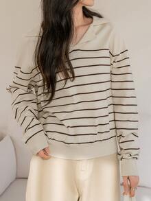 Dazy-Less Stripe Pattern Raglan Sleeve Sweater,Long Sleeve Tops,Fall Clothes Business Casual Woman Work Clothes - Apricot - View 13