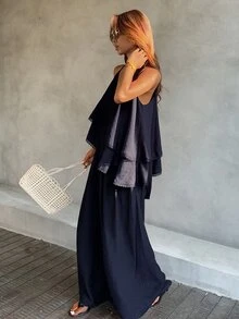 Strévra 夏季度假女款休閒家居套裝 2 件組，黑色荷葉邊細肩帶背心上衣搭配寬鬆純色長褲 - 藍色 - 查看 5