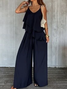 Strévra 夏季度假女款休閒家居套裝 2 件組，黑色荷葉邊細肩帶背心上衣搭配寬鬆純色長褲 - 藍色 - 查看 3