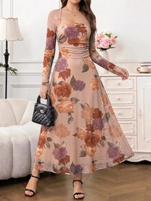 Lavishia Women's Floral Print Square Neck Ruched Dress,Autumn Printed Long-Sleeved Pleated Elegant Dress, Suitable For Weddings And Romantic Dates. - Multicolor - View 6