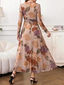 Lavishia Women's Floral Print Square Neck Ruched Dress,Autumn Printed Long-Sleeved Pleated Elegant Dress, Suitable For Weddings And Romantic Dates. - Multicolor - View 3