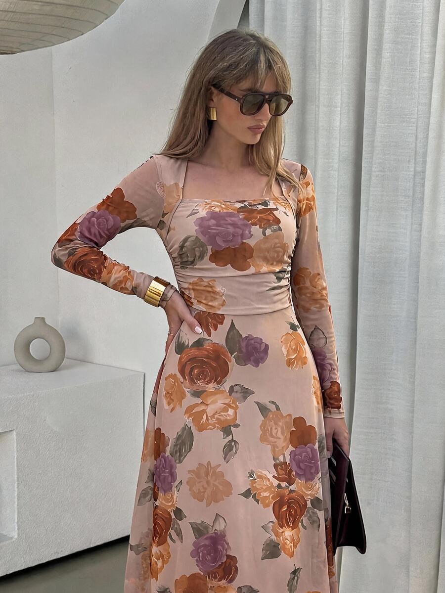 Lavishia Women's Floral Print Square Neck Ruched Dress,Autumn Printed Long-Sleeved Pleated Elegant Dress, Suitable For Weddings And Romantic Dates. - Multicolor - View 1