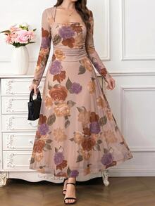 Lavishia Women's Floral Print Square Neck Ruched Dress,Autumn Printed Long-Sleeved Pleated Elegant Dress, Suitable For Weddings And Romantic Dates. - Multicolor - View 2