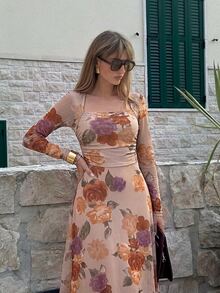 Lavishia Women's Floral Print Square Neck Ruched Dress,Autumn Printed Long-Sleeved Pleated Elegant Dress, Suitable For Weddings And Romantic Dates. - Multicolor - View 7
