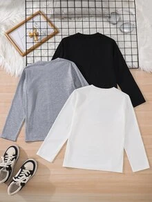 SHEIN 兒童青少年男孩字母圖案休閒日常長袖T恤 3件/組 - 彩色 - 查看 4