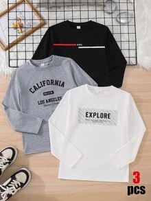 SHEIN 兒童青少年男孩字母圖案休閒日常長袖T恤 3件/組 - 彩色 - 查看 3