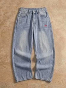 Manfinity BRENVOR Men's Animal Embroidery Pocket Wide Leg Loose Casual Jeans - Blue - View 1