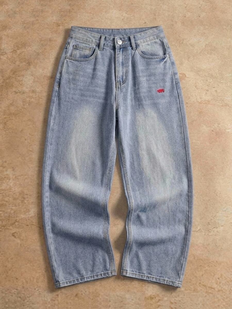 Manfinity BRENVOR Men's Animal Embroidery Pocket Wide Leg Loose Casual Jeans - Blue - View 1