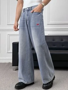 Manfinity BRENVOR Men's Animal Embroidery Pocket Wide Leg Loose Casual Jeans - Blue - View 6